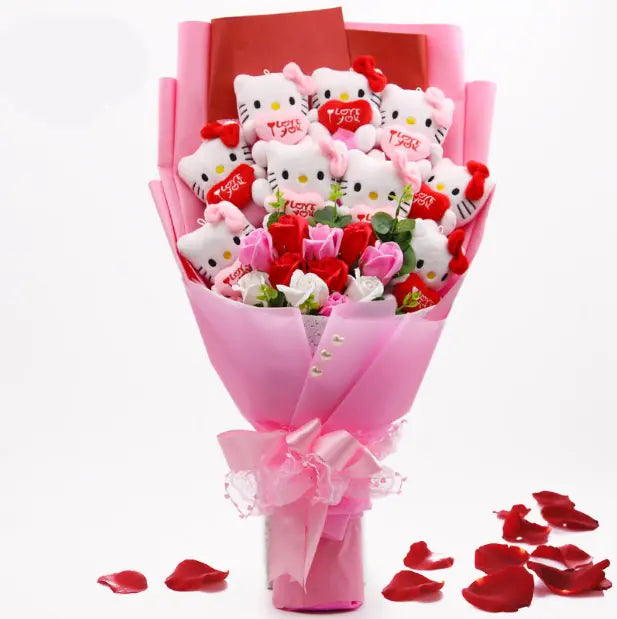Hello Kitty Cartoon Bouquet with Plush and Fake Flowers